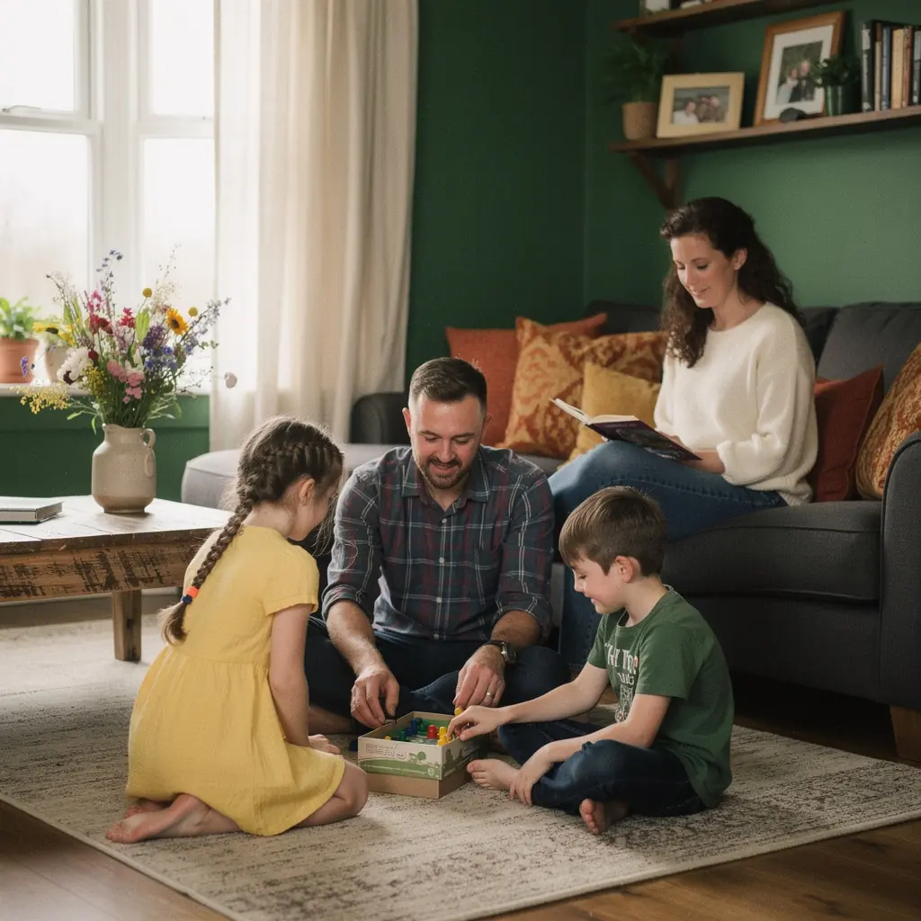 Inviting hallway showcasing a blend of warm wood finishes, decorative wall art, and soft lighting to enhance the family home experience.